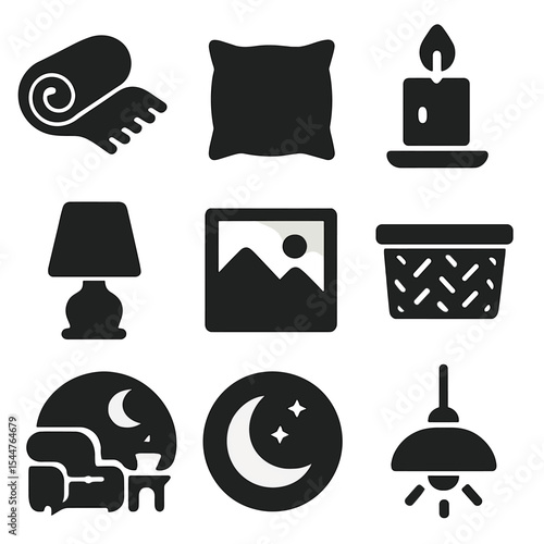 Cozy Home Icons. Solid, filled icons set of cozy home atmosphere: warm blanket, soft pillow, flickering candle