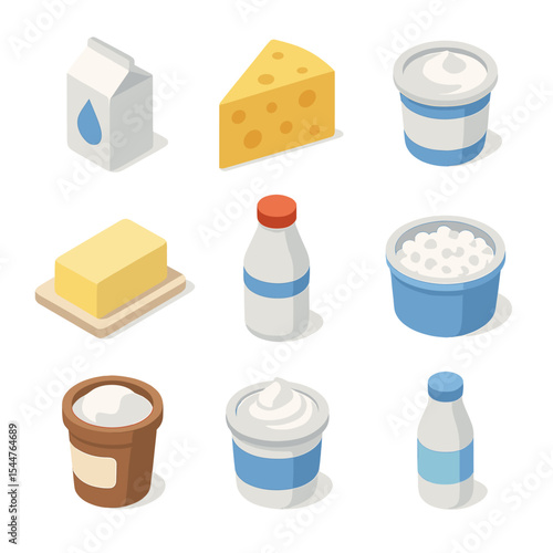 Dairy Aisle Icons. Isometric Flat icon set of dairy products aisle: milk carton, cheese wedge, yogurt cup, butter stick, cream