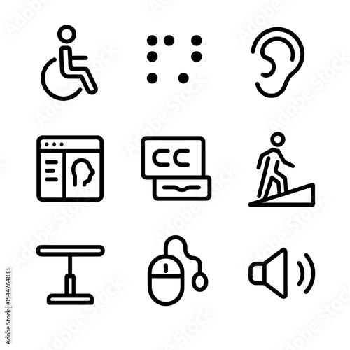 Accessibility Icons Grid. Outline icon set of accessibility features: wheelchair symbol, braille dots, hearing aid, screen reader
