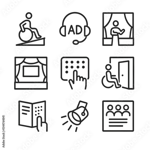 Accessible Theater Icons. Outline icon set of theater and stage representation: actor on wheelchair ramp, audio description
