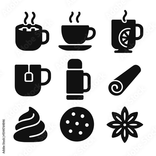 Cozy Winter Drink Icons. Solid, filled icons set of cozy winter drinks: hot chocolate, steaming coffee, mulled wine, tea mug, thermos, cinnamon stick, whipped cream, cookie, winter spice icon.