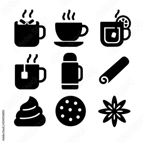 Cozy Winter Drink Icons. Solid, filled icons set of cozy winter drinks: hot chocolate, steaming coffee, mulled wine, tea mug, thermos, cinnamon stick, whipped cream, cookie, winter spice icon.