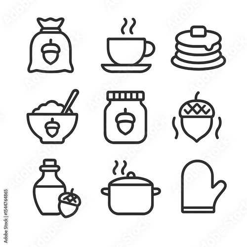 Acorn Culinary Icons. Outline icon set of acorn culinary uses: acorn flour sack, coffee brew, pancake stack, porridge bowl, nut