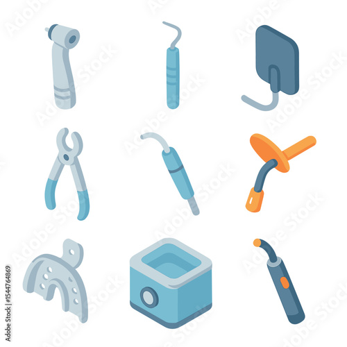 Dental Instruments Isometric Icons. Isometric Flat icon set of dental instruments: dental drill handpiece, scaler tool, explorer