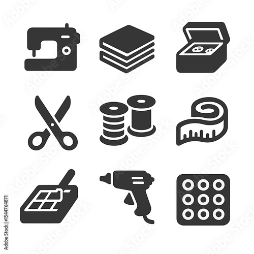 Craft Room Icons. Solid, filled icons set of craft room essentials: sewing machine, fabric stack, button box,