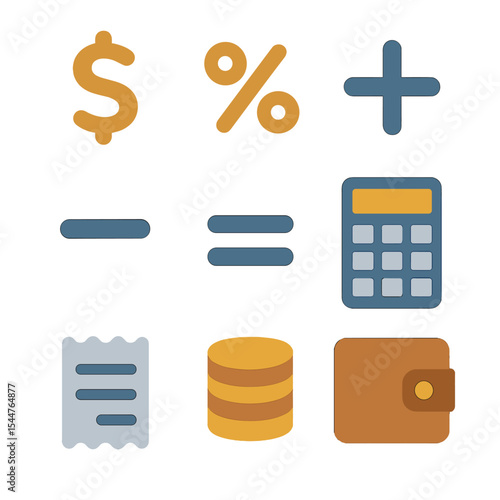 Accounting Icons Grid. Flat icon set of accounting symbols: dollar sign, percent symbol, plus sign, minus sign, equals sign,