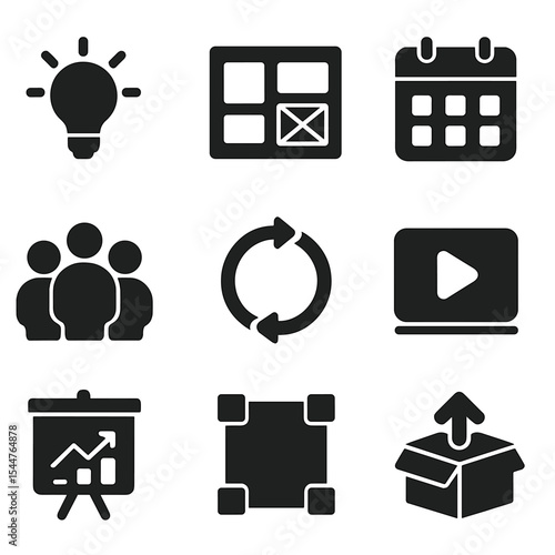 Creative Agency Icon Set. Solid, filled icons set of creative agency project teams: idea bulb, mood board,