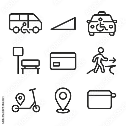 Accessible Transport Icons. Outline icon set of accessible transportation: shuttle van, ramp icon, taxi with wheelchair, bus stop