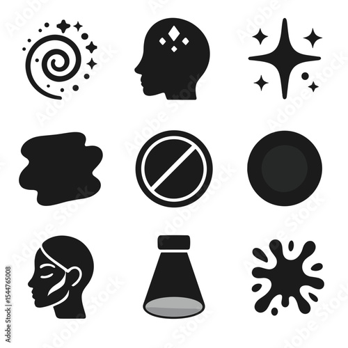 Creative Stage Effects. Solid, filled icons set of creative stage effects: glitter swirl, face gem, shimmer