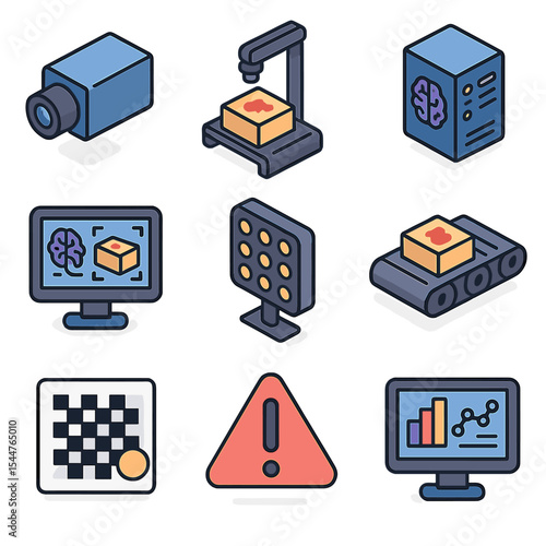 AI Quality Inspection Icons. Isometric Flat icon set of AI and machine vision quality inspection: vision camera, inspection
