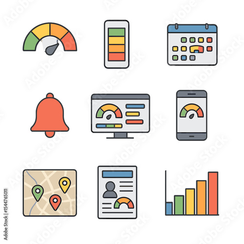 Air Quality Icon Set. Isometric Flat icon set of air quality indices and reporting: AQI gauge dial, color-coded index scale,