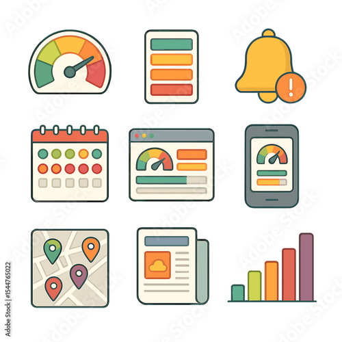Air Quality Icon Set. Isometric Flat icon set of air quality indices and reporting: AQI gauge dial, color-coded index scale,