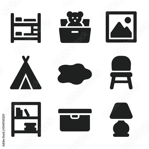 Creative Kids' Room Icons. Solid, filled icons set of creative kids' room ideas: bunk bed, toy chest, wall art