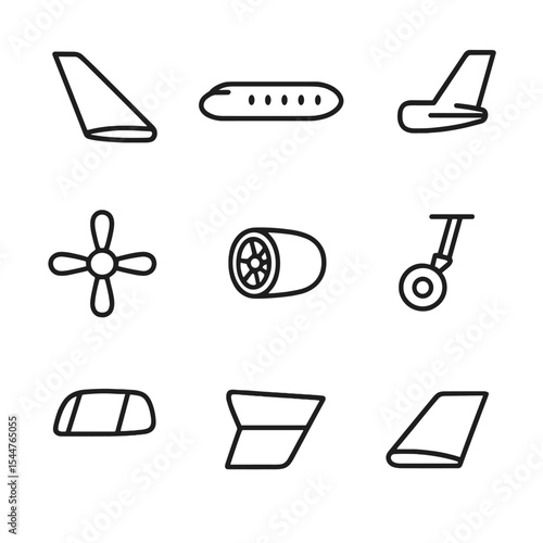 Airplane Parts Icons. Outline icon set of airplane parts: wing, fuselage, tailplane, propeller, jet engine, landing gear, cockpit