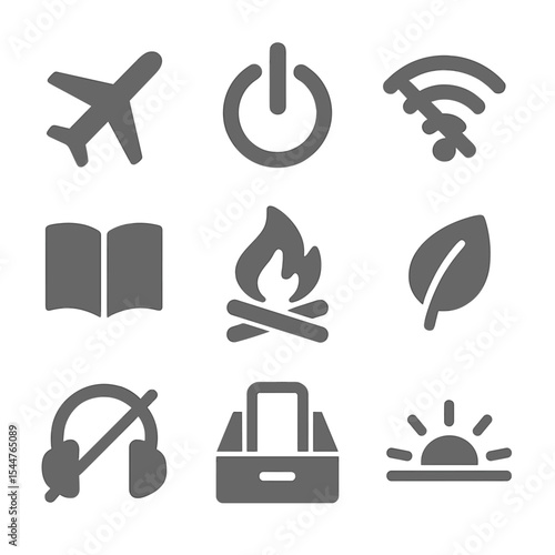 Digital Detox Icons. Flat icon set of digital detox and unplugging: airplane mode, power button, no Wi-Fi symbol, book, campfire,
