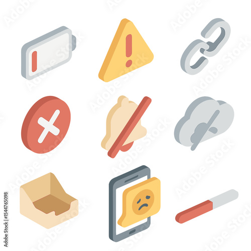 Isometric Alert Icons. Isometric Flat icon set of sad notifications and alerts: low battery icon, warning sign, broken link, error