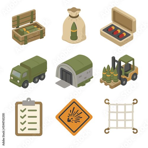 Ammunition Logistics Icons. Isometric Flat icon set of ammunition logistics: shell crate, propellant bag, fuse kit, ammo truck,