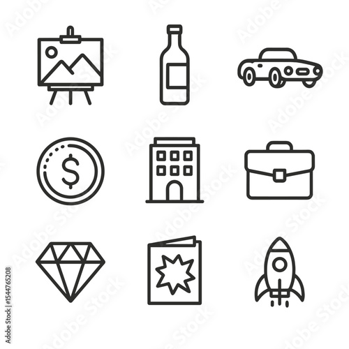 Alternative Investments Icons. Outline icon set of alternative investments overview: art painting, wine bottle, vintage car,