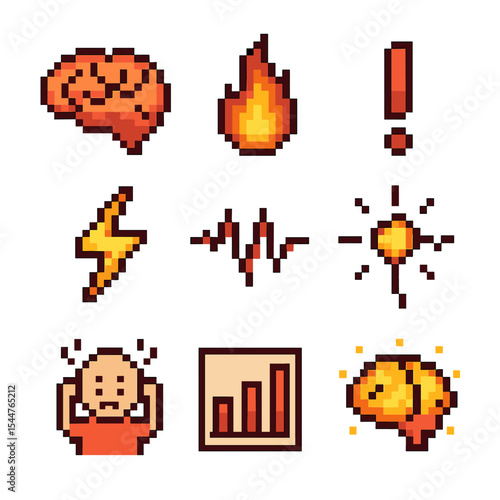 Amygdala Pixel Icon Set. Pixel art icon set of amygdala hyperactivity: amygdala shape, flame, exclamation mark, lightning bolt,