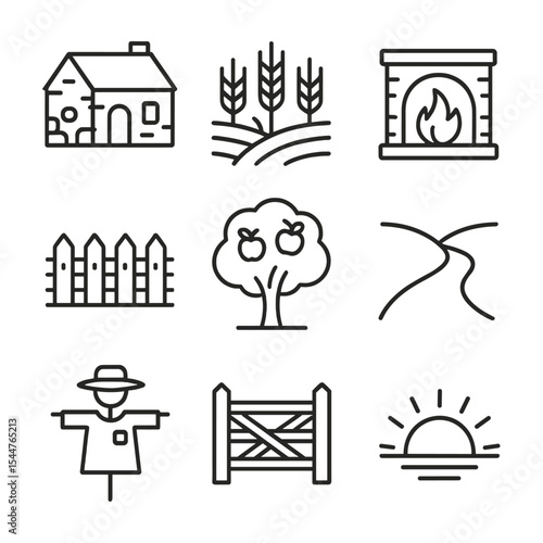 Ancestral Symbols Set. Outline icon set of ancestral homeland Promised Land: stone cottage, wheat field, hearth fire, picket fence