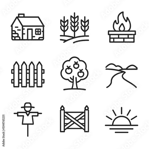 Ancestral Symbols Set. Outline icon set of ancestral homeland Promised Land: stone cottage, wheat field, hearth fire, picket fence