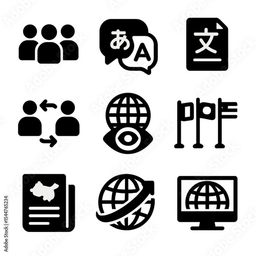 Cross-Cultural Journalism Icons. Solid, filled icons set of cross-cultural journalism: multicultural team, translation bubble, foreign language, 