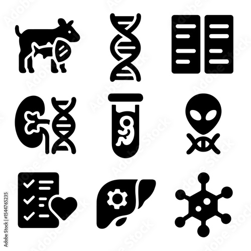 Cross-Species Gene Transfer Icons. Solid, filled icons set of cross-species gene transfer: hybrid animal icon,