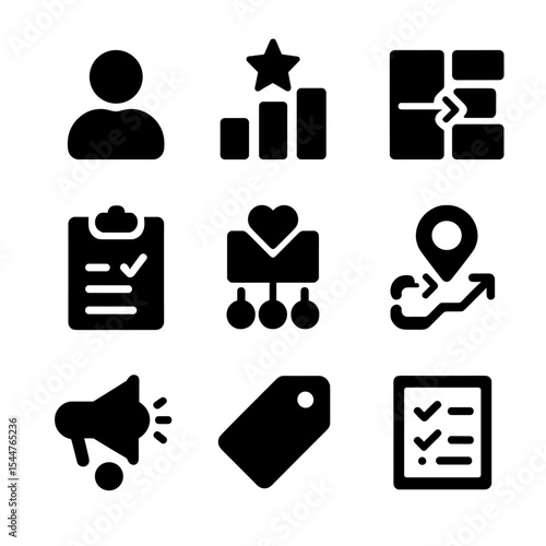 CRM Icons Grid. Solid, filled icons set of CRM and lead management: contact icon, lead score, deal pipeline,
