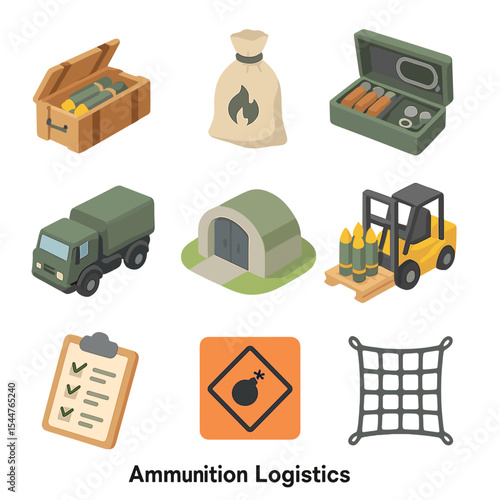 Ammunition Logistics Icons. Isometric Flat icon set of ammunition logistics: shell crate, propellant bag, fuse kit, ammo truck,