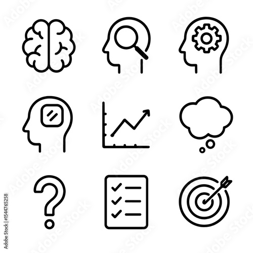 Analytical Thinking Icons. Outline icon set of analytical thinking icons: brain outline, magnifying glass on head, gear reflection