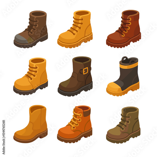 Diverse Work Boot Icons. Isometric Flat icon set of work boots: steel-toe boot, carpenter boot, logger boot, construction boot,