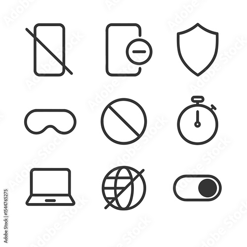 Distraction Blocker Icons. Outline icon set of distraction blocking periods: crossed smartphone, app block icon, shield, eye mask,