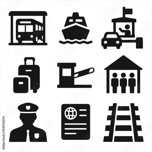 Cross-Border Icons Set. Solid, filled icons set of cross-border movement infrastructure: bus terminal, ferry