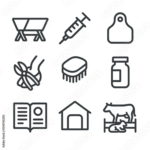 Animal Husbandry Icons. Outline icon set of animal husbandry: feeding trough, medical syringe, ear tag, hoof trimming, grooming