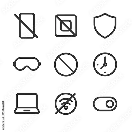 Distraction Blocker Icons. Outline icon set of distraction blocking periods: crossed smartphone, app block icon, shield, eye mask,