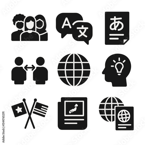 Cross-Cultural Journalism Icons. Solid, filled icons set of cross-cultural journalism: multicultural team, translation bubble