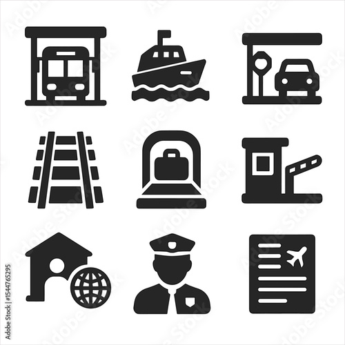 Cross-Border Icons Set. Solid, filled icons set of cross-border movement infrastructure: bus terminal, ferry