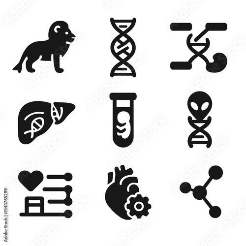 Cross-Species Gene Transfer Icons. Solid, filled icons set of cross-species gene transfer: hybrid animal icon,