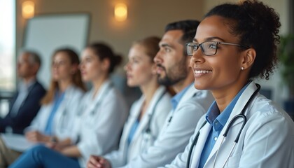 Diverse medical professionals attend conference, listening attentively. Doctors, nurses, specialists collaborate discussing healthcare innovation, patient care. Teamwork key to modern medicine.
