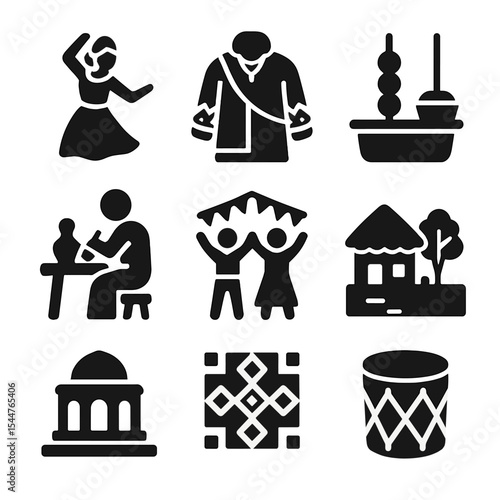 Cultural Icons Grid. Solid, filled icons set of regional culture photography: local dancer, traditional