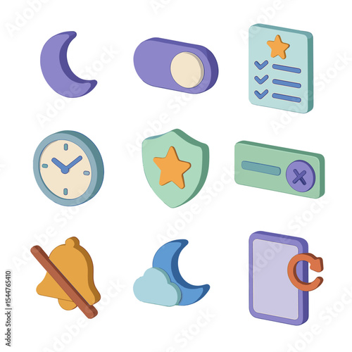 Do Not Disturb Icons. Isometric Flat icon set of Do Not Disturb features: crescent moon icon, DND toggle switch, allow exceptions