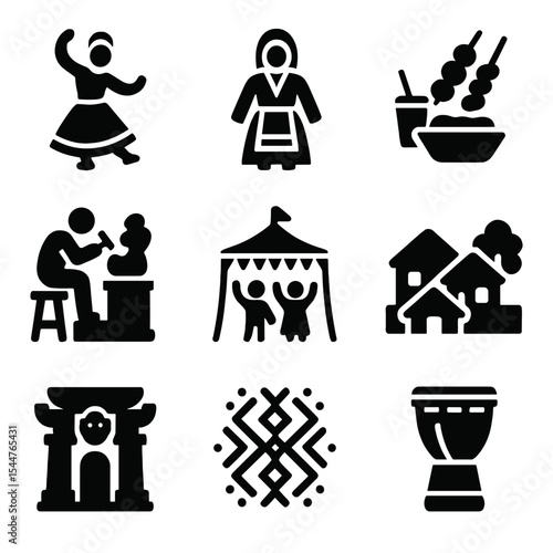 Cultural Icons Grid. Solid, filled icons set of regional culture photography: local dancer, traditional