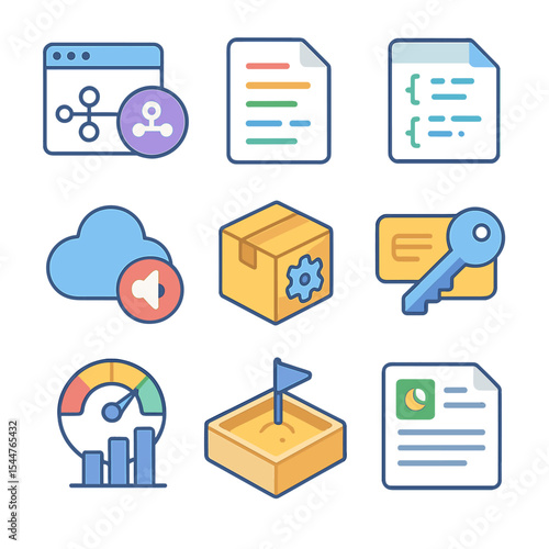 API Integration Icons. Isometric Flat icon set of API integration ecosystems: RESTful endpoint, data payload, JSON object, webhook