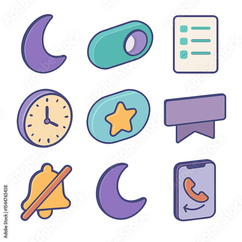 Do Not Disturb Icons. Isometric Flat icon set of Do Not Disturb features: crescent moon icon, DND toggle switch, allow exceptions