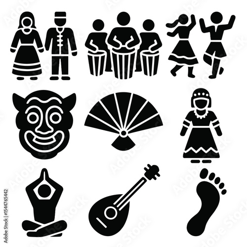 Cultural Performance Icons. Solid, filled icons set of traditional cultural performance: folk costume, drum