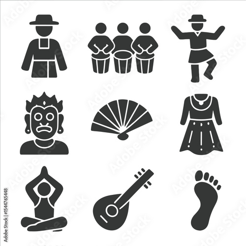 Cultural Performance Icons. Solid, filled icons set of traditional cultural performance: folk costume, drum