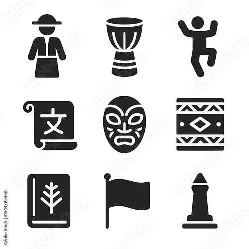 Cultural Identity Icons. Solid, filled icons set of cultural identity: national costume, traditional drum,