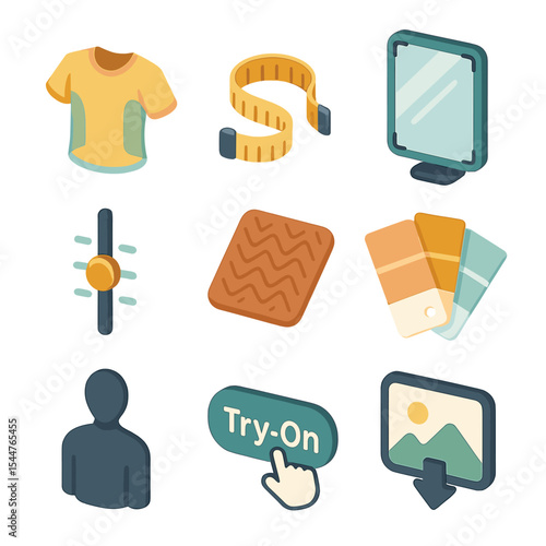 AR Try-On Icons. Isometric Flat icon set of AR virtual try-on experiences: clothing overlay, measuring tape, mirror icon, size