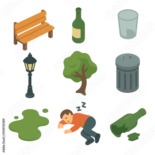 Drunk Icons Set. Isometric Flat icon set of drunk person on park bench: bench, bottle, empty glass, dark streetlamp, swaying tree,