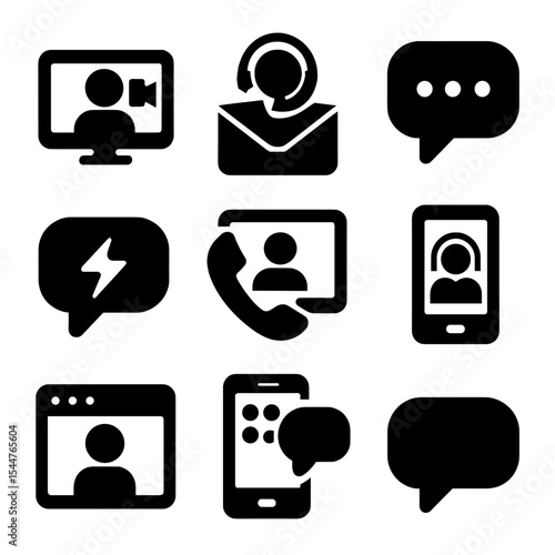 Customer Service Icons. Solid, filled icons set of online customer service: video chat, support email, text